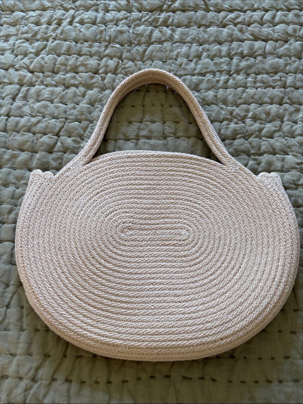 Cream Woven Oval Tote Bag with Top Handles